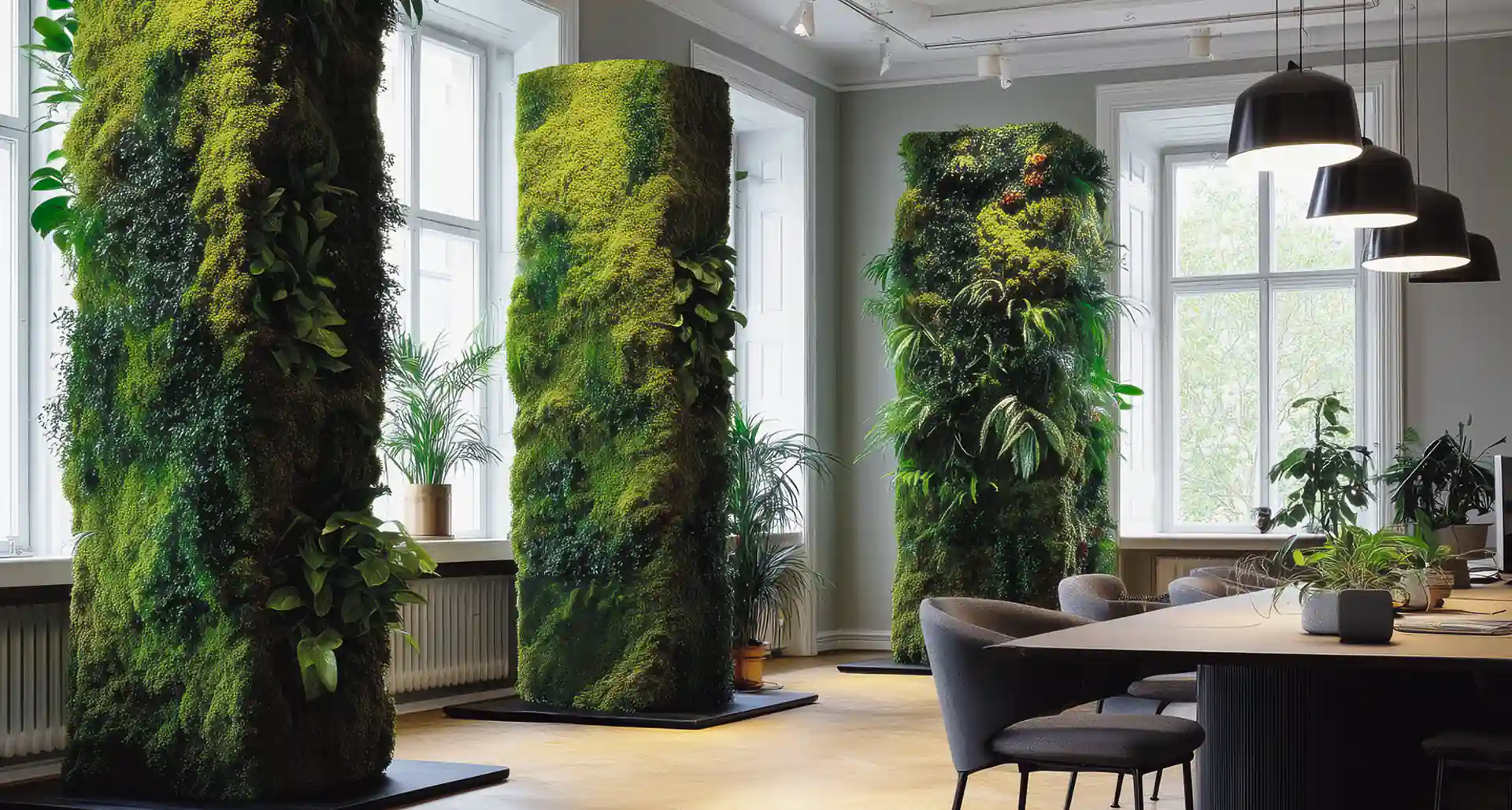 Consultation area in the kitchen showroom — freestanding moss columns create a sense of tranquillity and define different zones