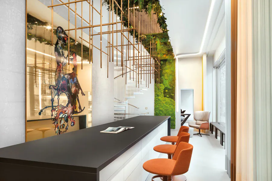A ‘Green Heaven’ moss ceiling above a modern reception area