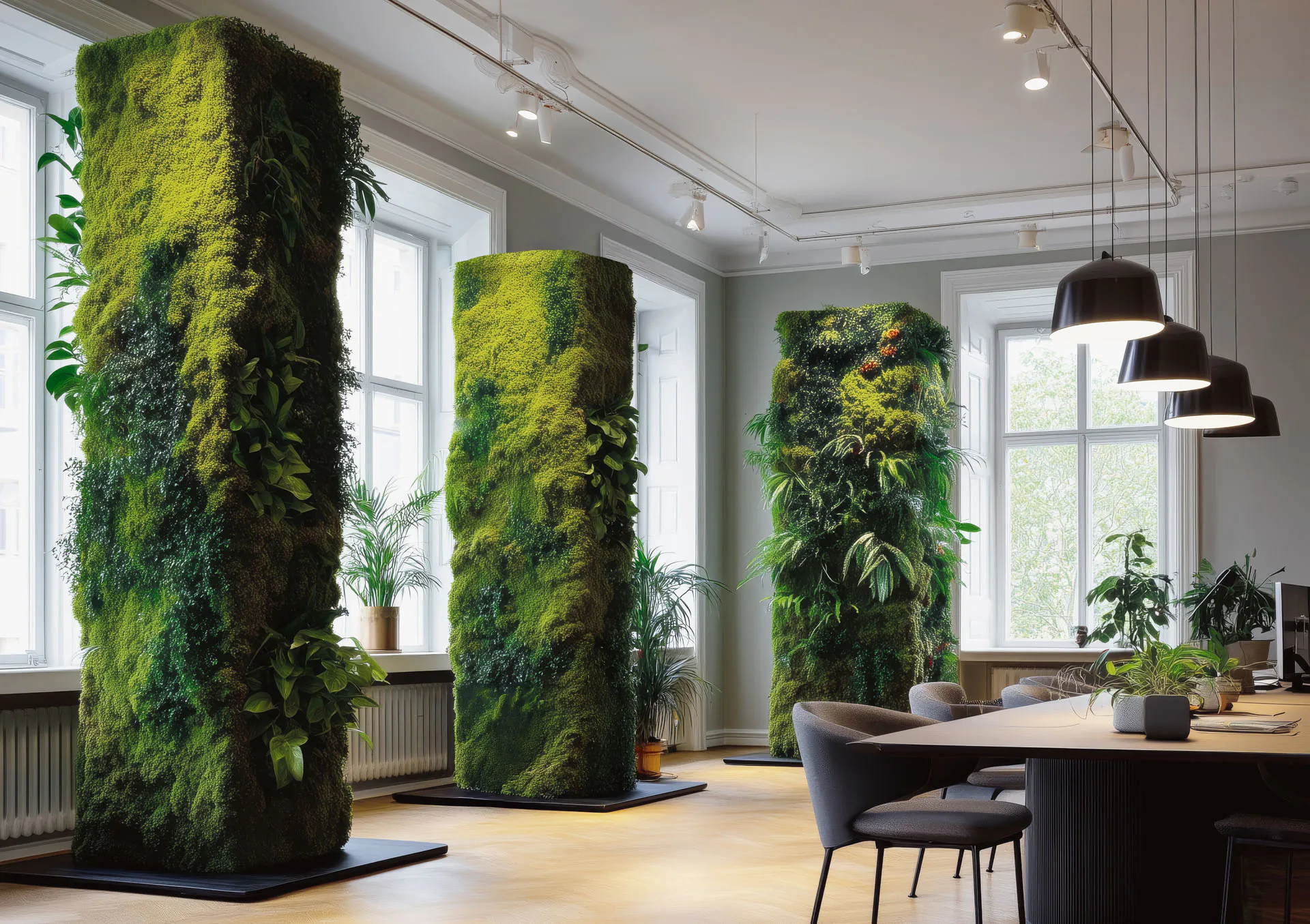 Acoustic room divider made of moss — a freestanding partition in a modern reception area
