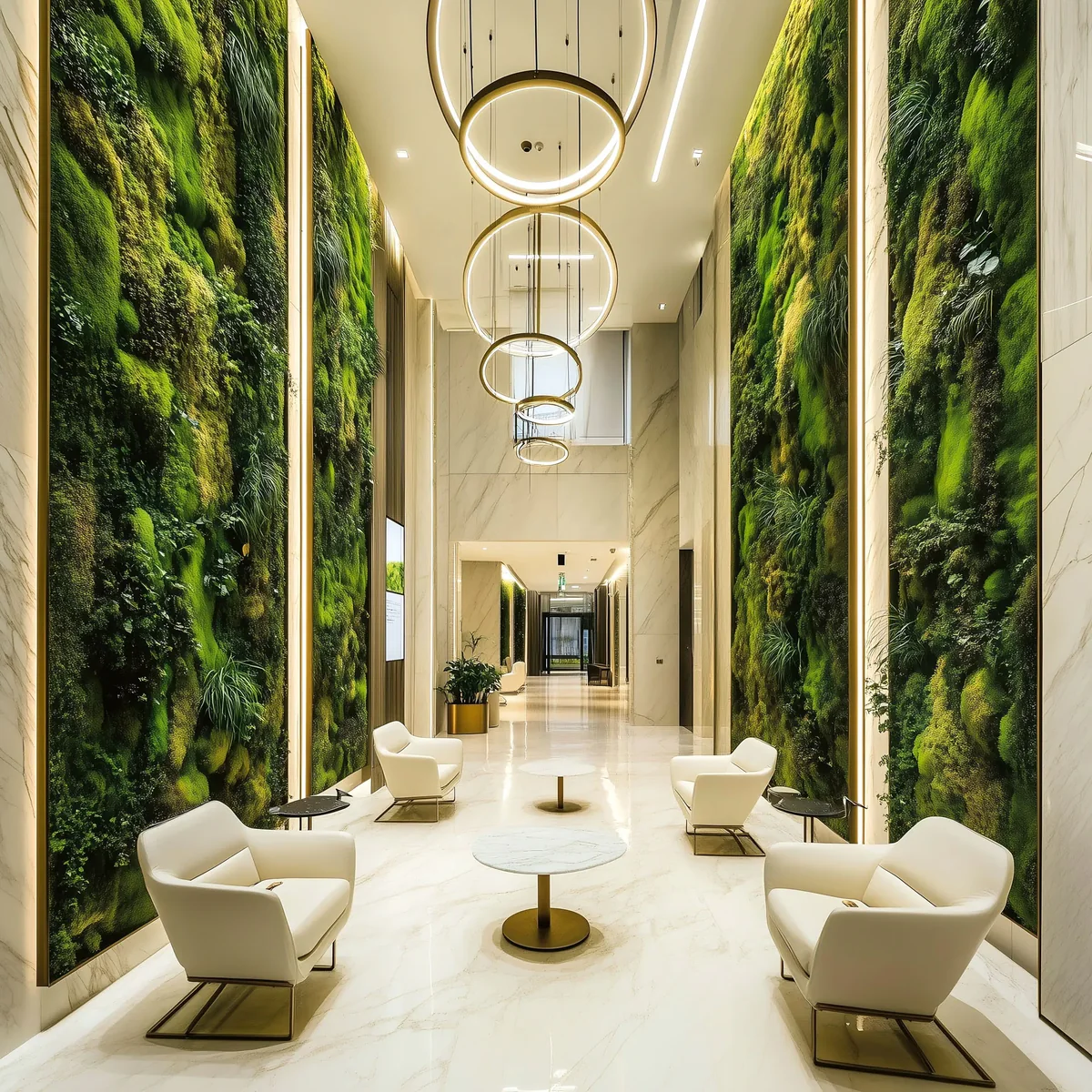 A moss wall in the reception area of a luxury hotel lobby