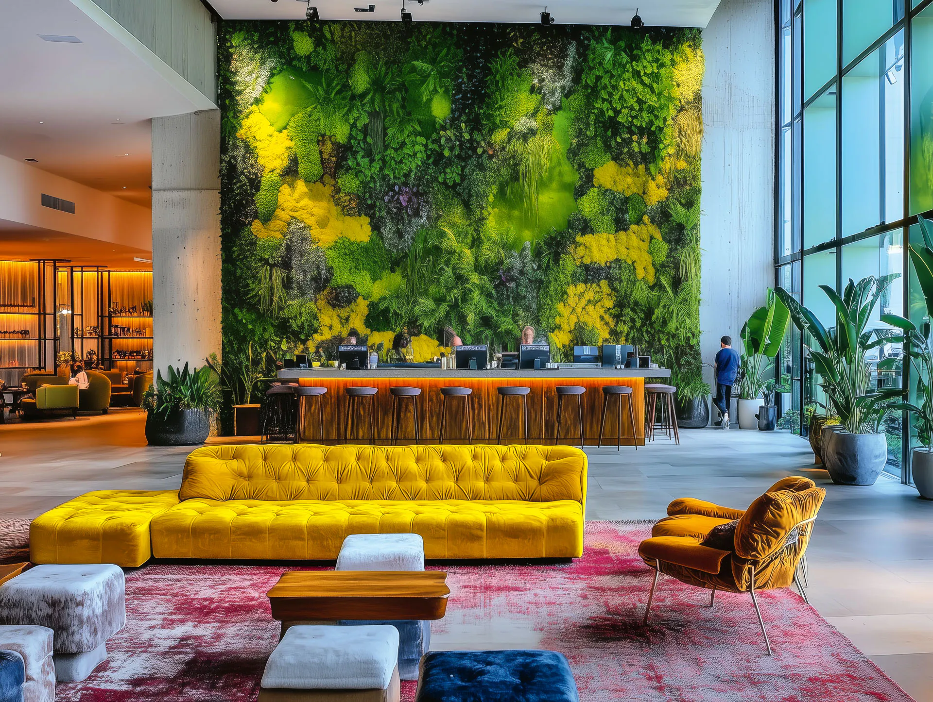 A moss wall in the hotel lobby — a green wall behind the reception desk of a luxury hotel