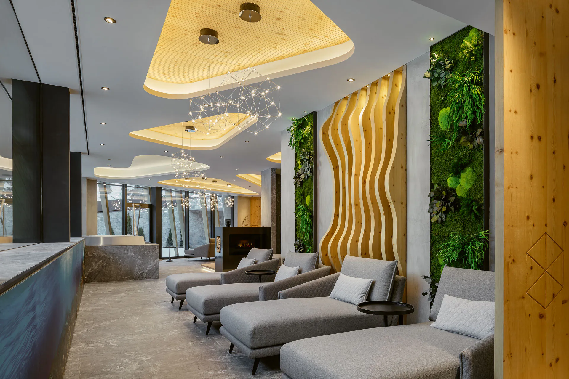 A wall of flowers in the hotel spa — maintenance-free nature in the wellness area
