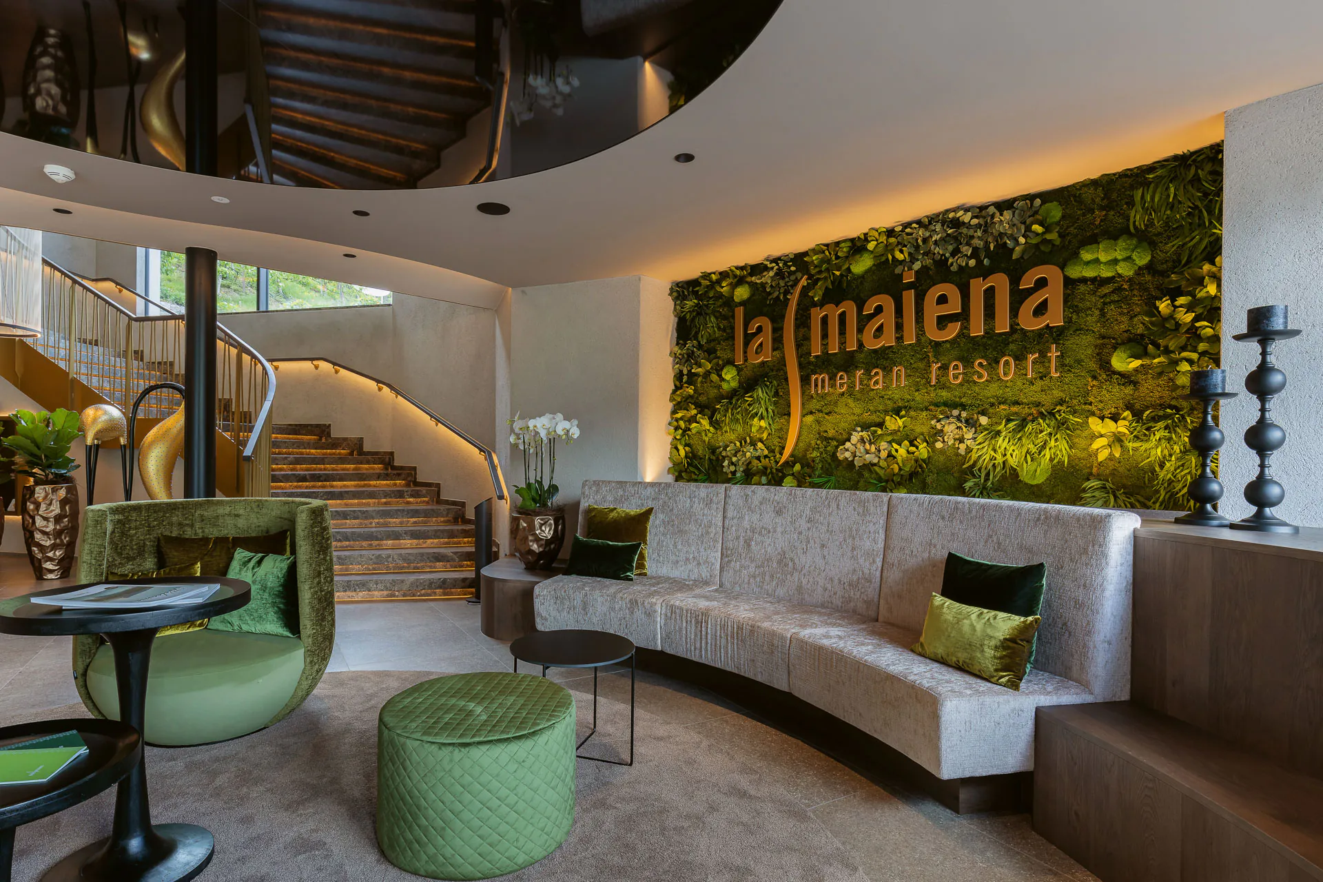 Logo made of moss — lettering in a resort’s reception area