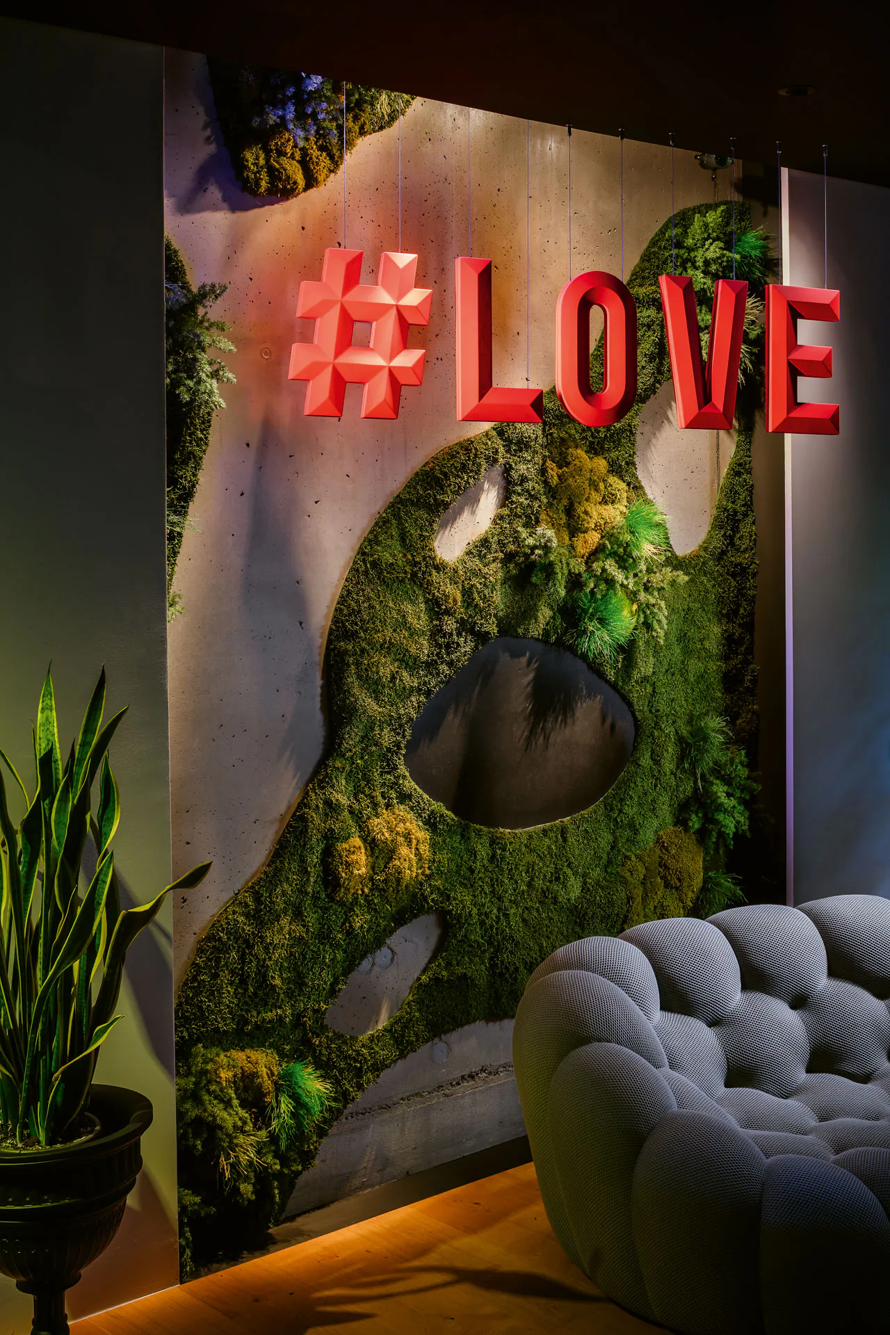 Logo Made of Moss Showroom Hashtag Love Installation — Logo made of moss by MOOSMOOS