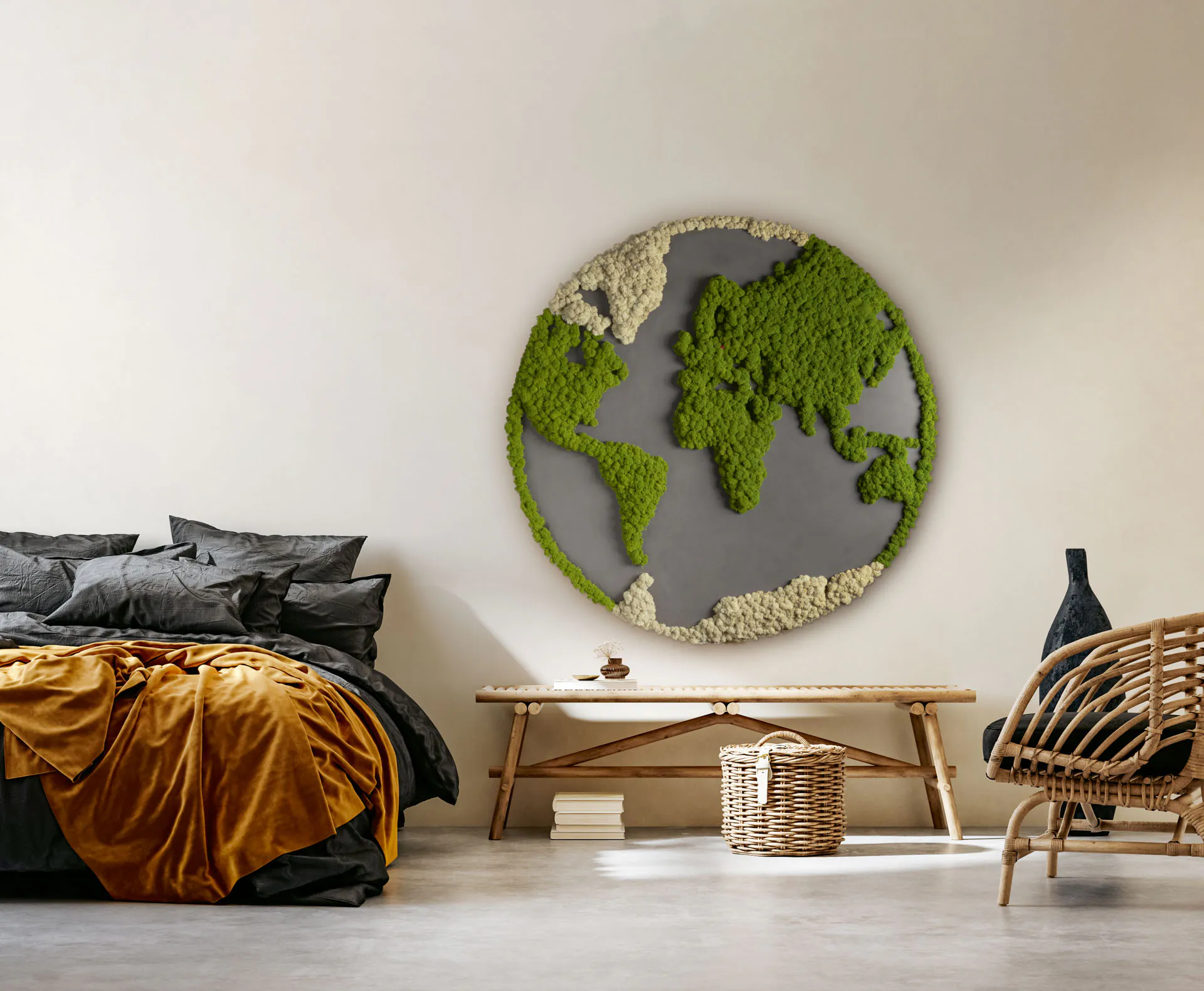 Moss picture featuring a world map motif, made from moss, as a wall decoration