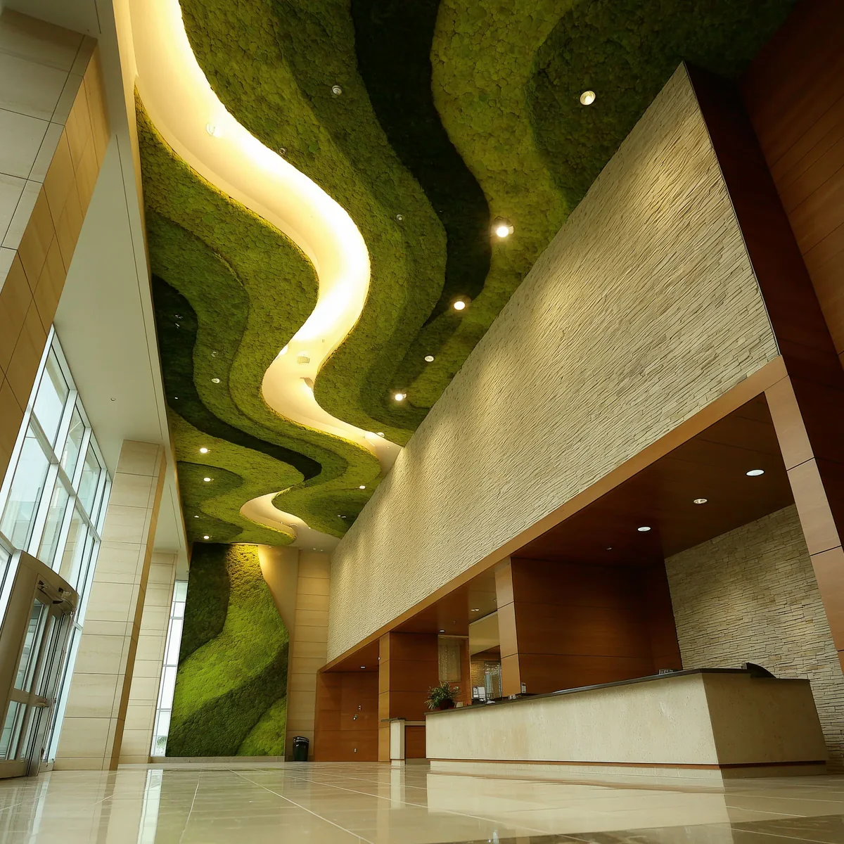 Ceiling greenery by MOOSMOOS — ‘Botanical Sky’ above a modern reception lobby