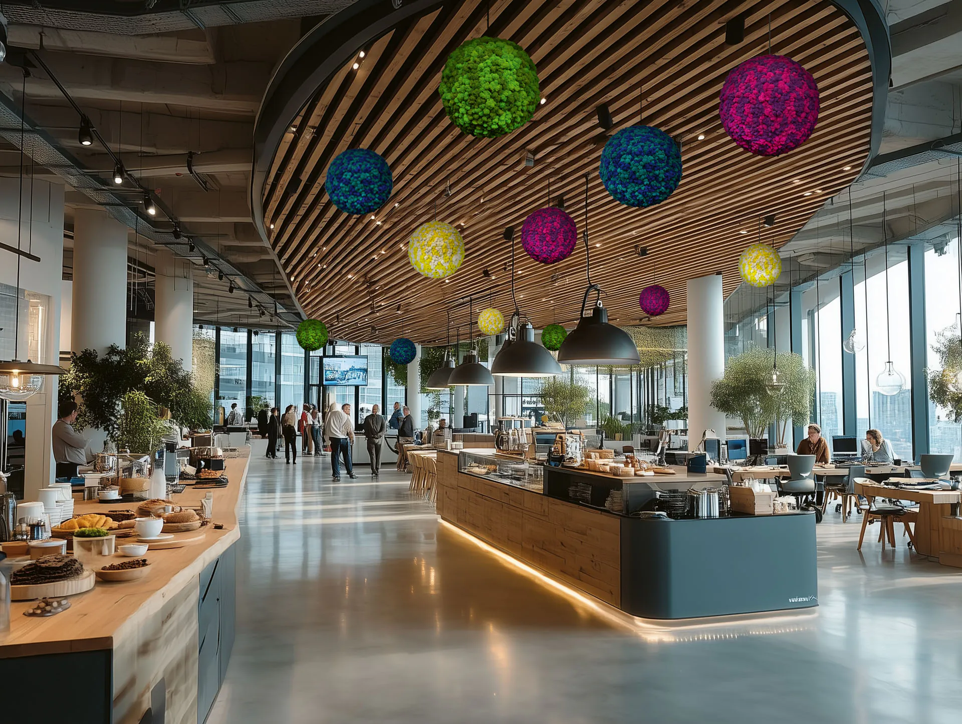 Ceiling panels made of moss — creating zones from above