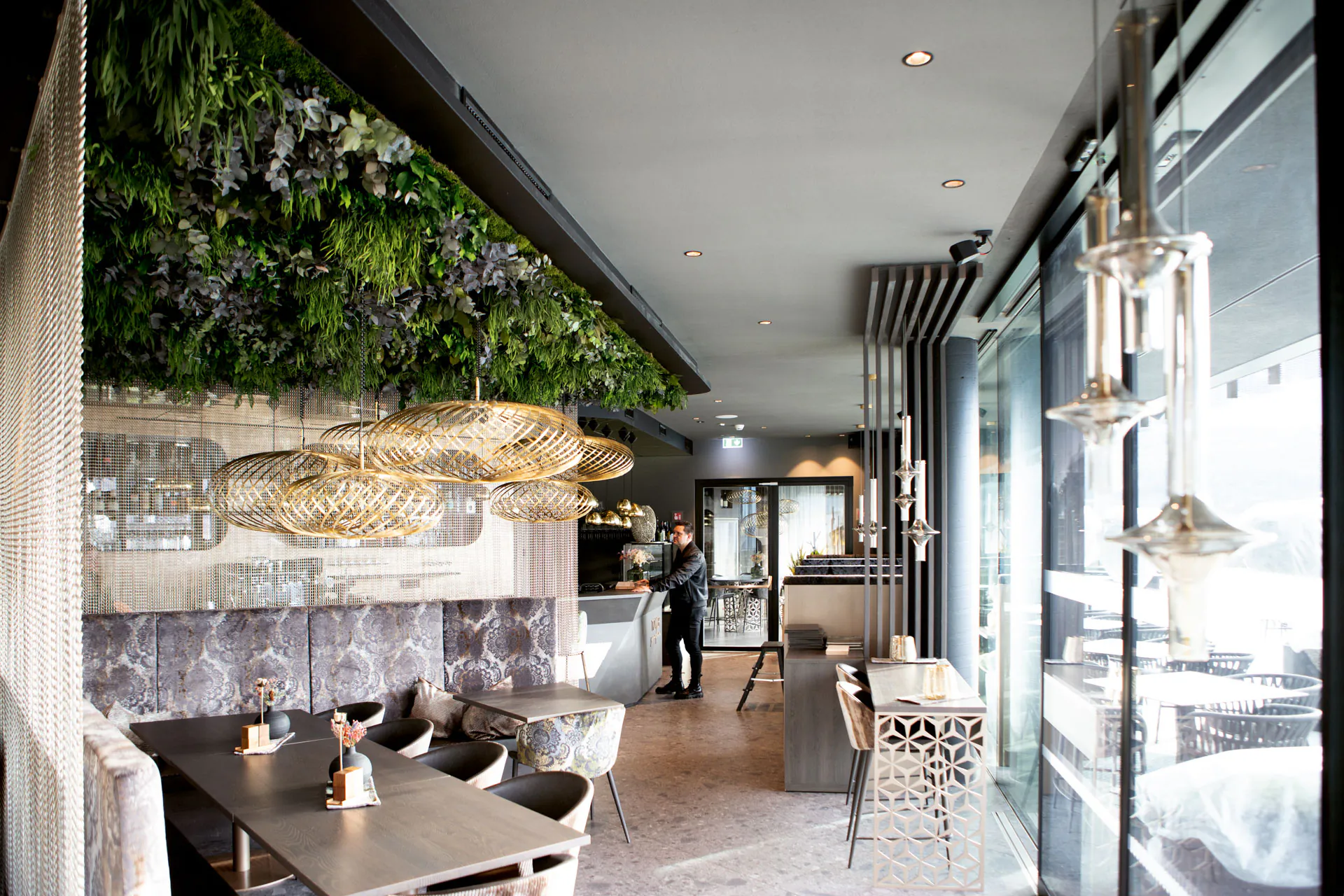 Moss overhead — Ceiling greenery · restaurant