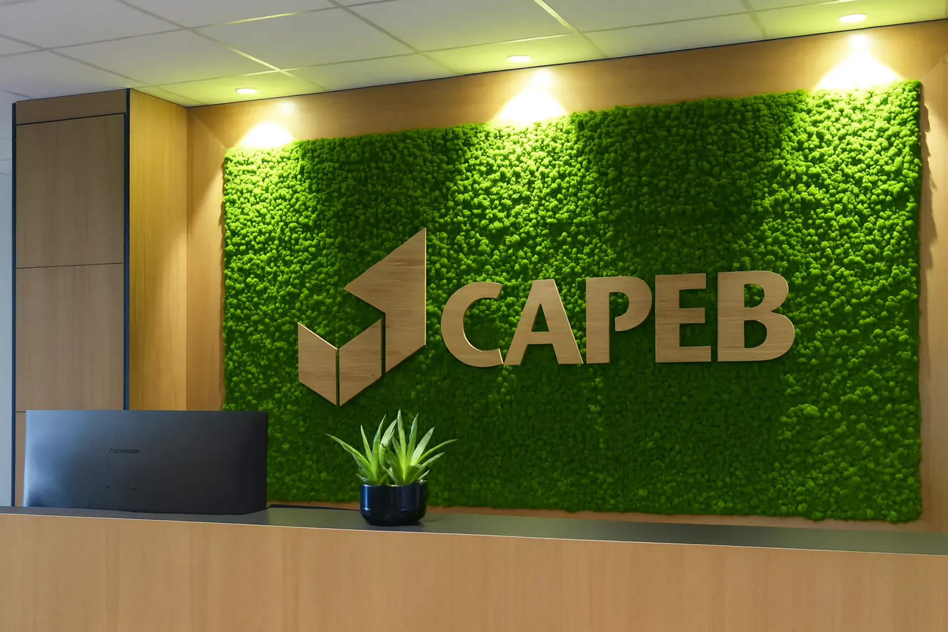 Logo made from moss – Capeb company logo at reception — Logo made from moss by MOOSMOOS