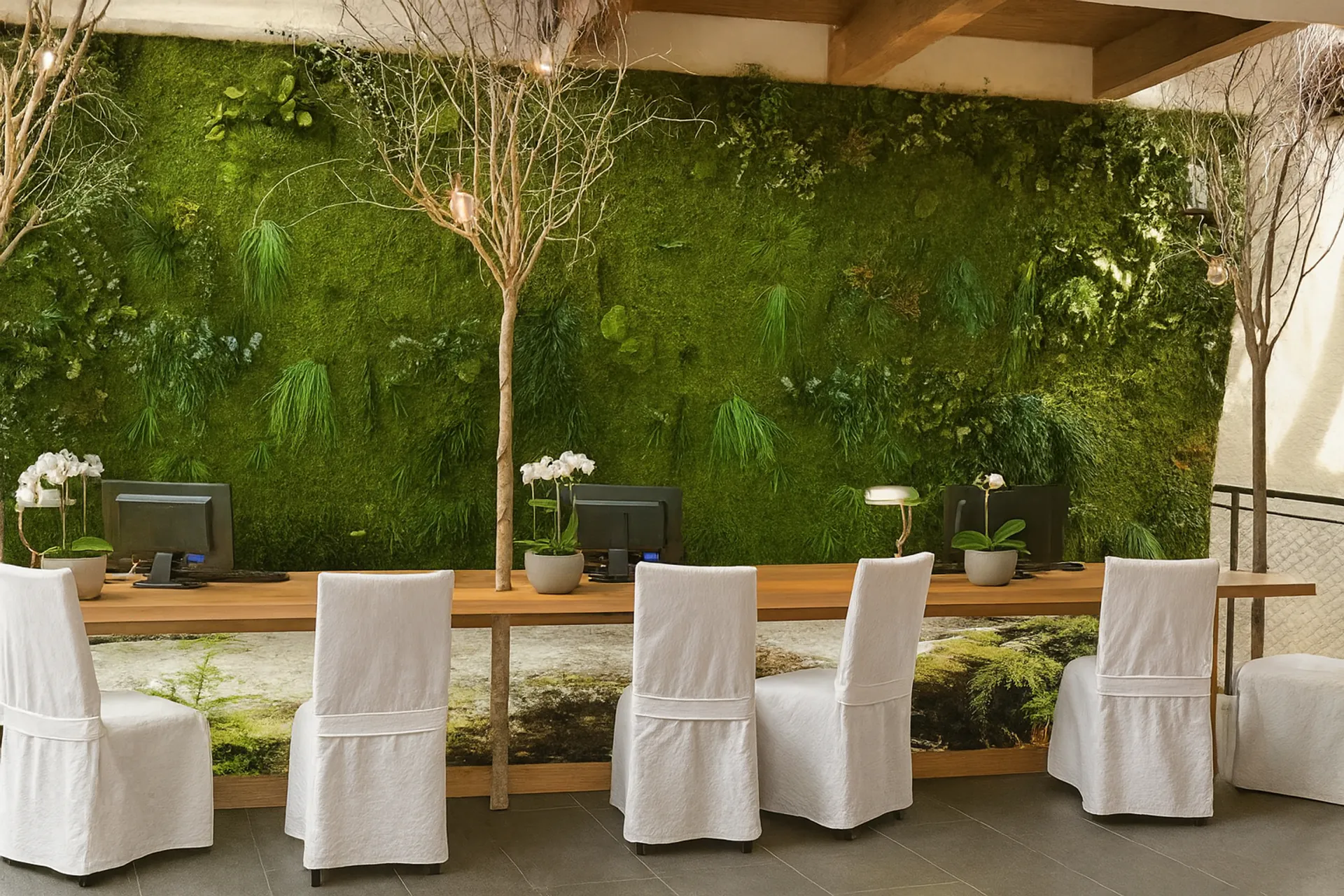 Moss ceiling in a conference room: modern greening — Ceiling greenery by MOOSMOOS