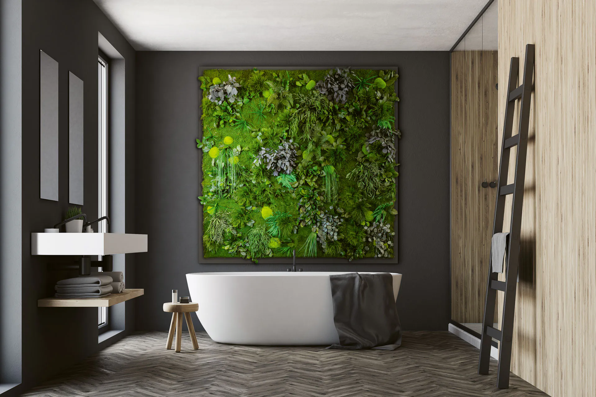 Maintenance-free moss wall in the bathroom — high humidity keeps the moss soft, without the need for watering