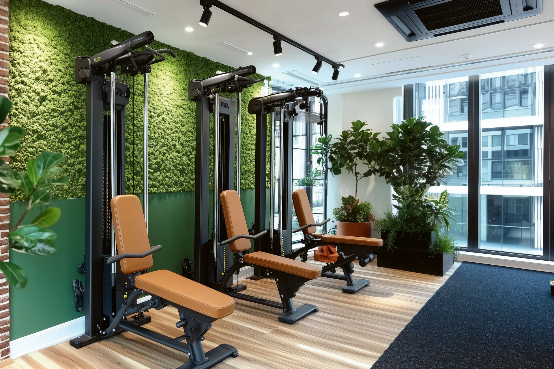 A moss wall in the training area of a modern gym