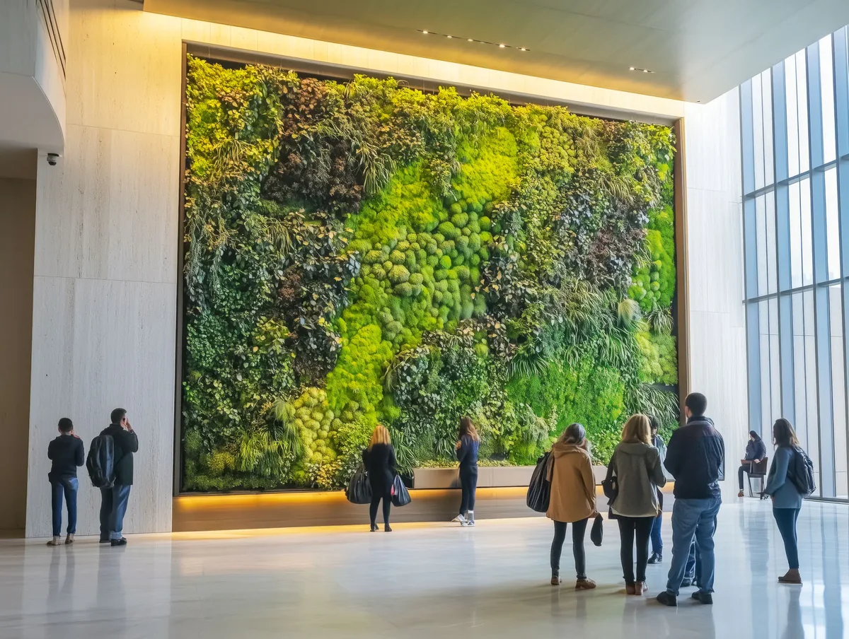 A moss wall made from real, preserved moss in the reception area