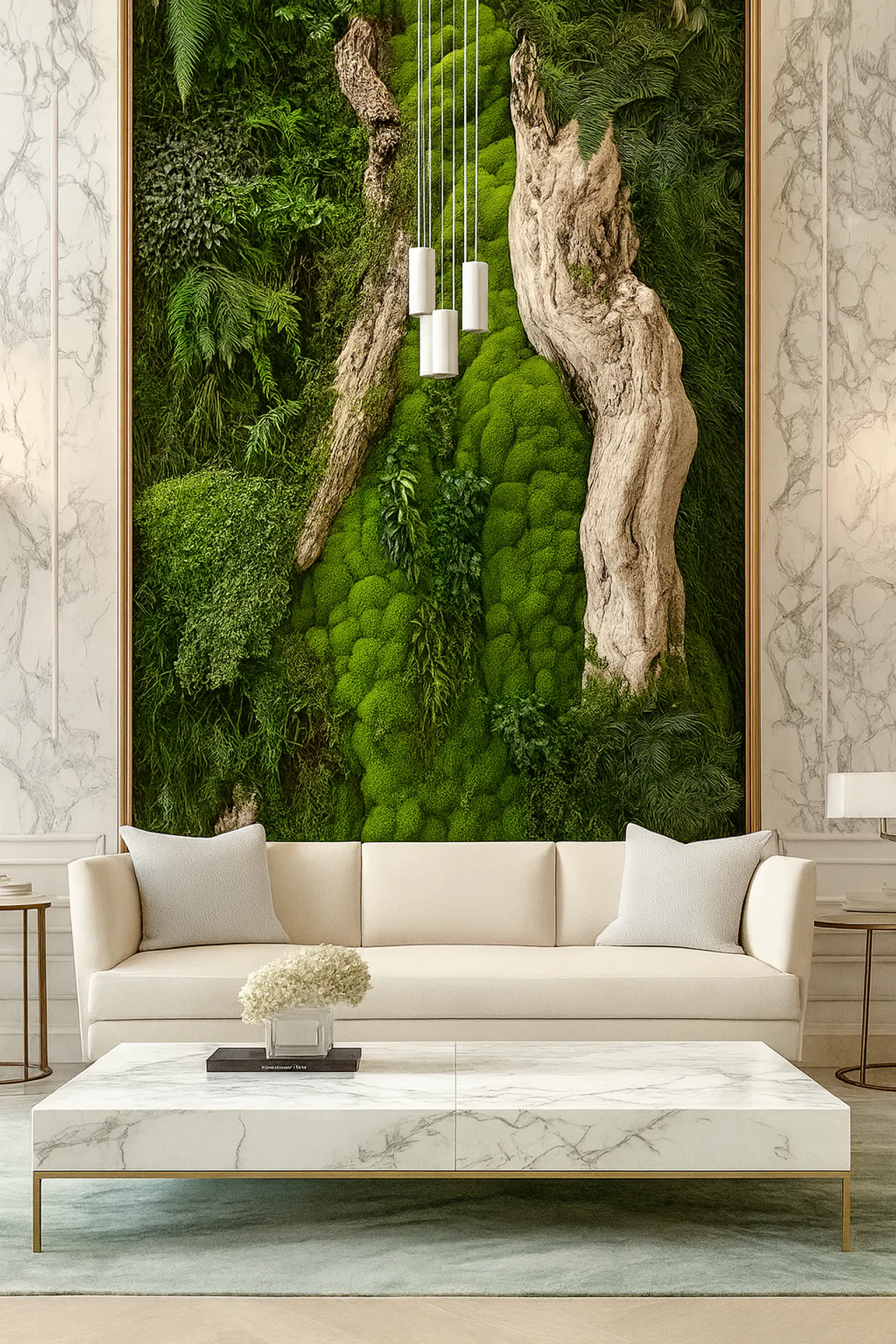 Modern Living Lounge with Moss wall and Natural Log — Wall greenery by MOOSMOOS