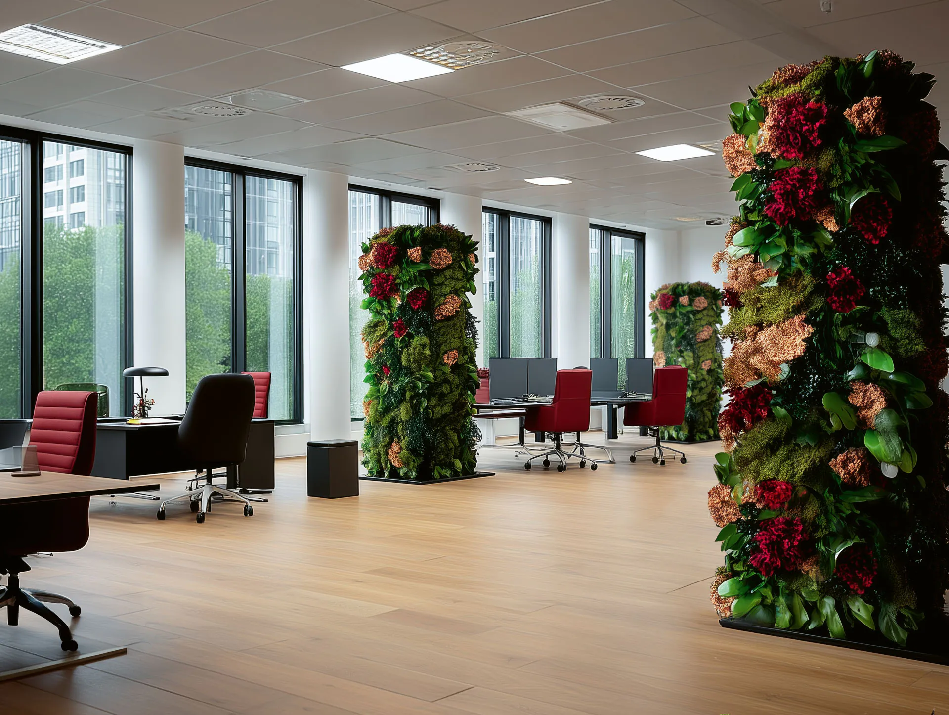 Freestanding room divider made of moss — a roll-away partition in the showroom