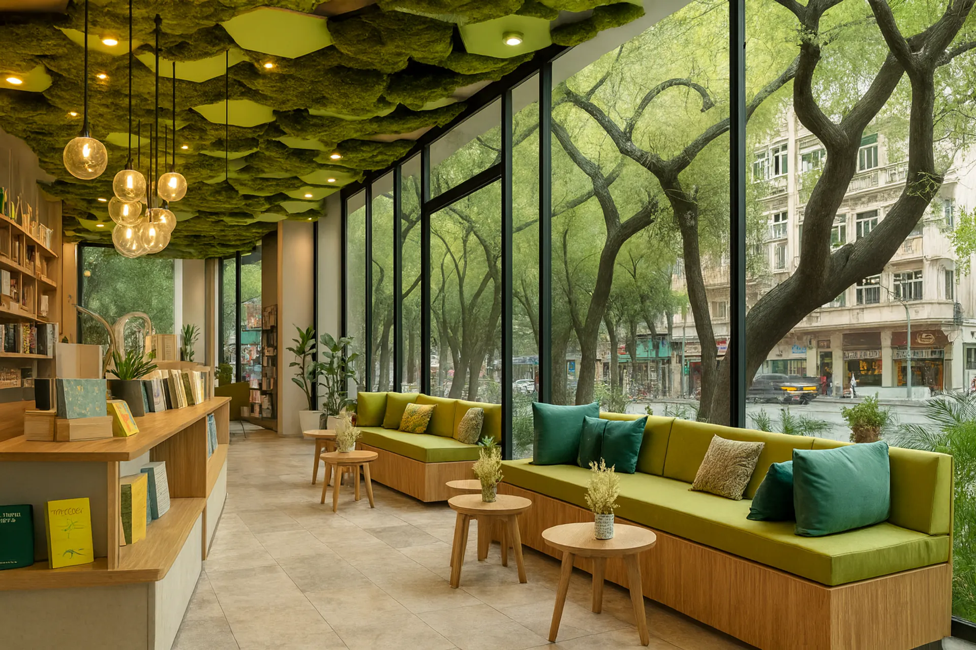 Moss ceiling Lounge Bookshop: Modern Green Roof — Ceiling greenery by MOOSMOOS