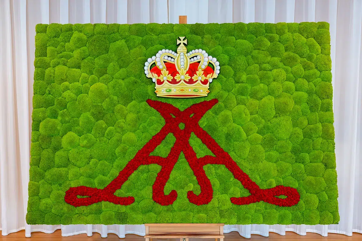 Handcrafted coat of arms of Prince Albert II of Monaco, made from Pole Moss and red Iceland moss
