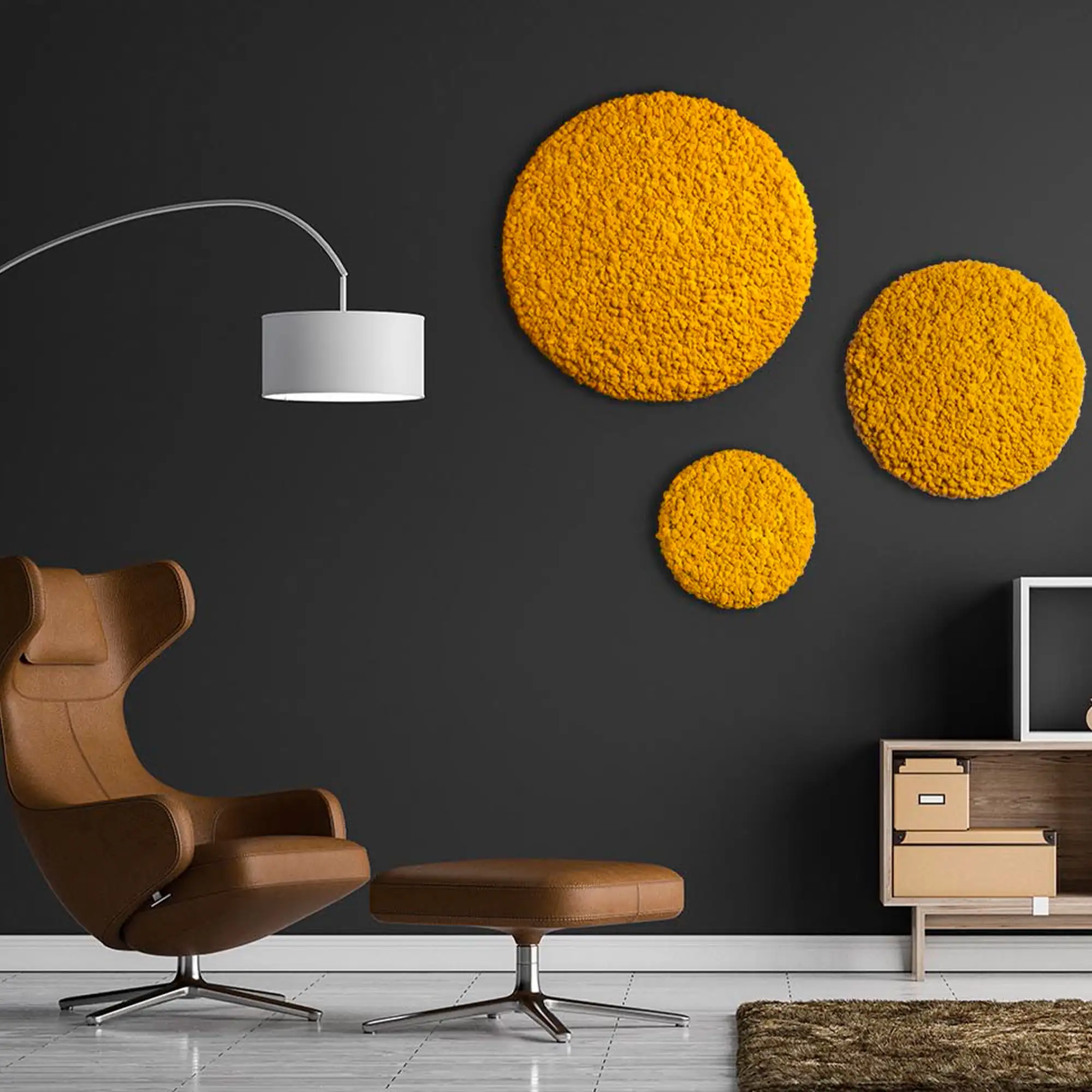 Moosbild mit runden gelben Kreisen