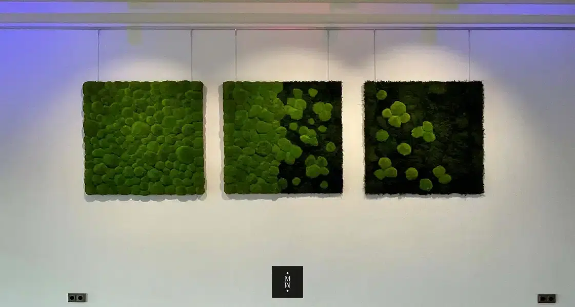 a group of green square objects on a white wall