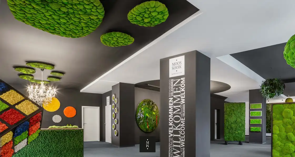 a room with green plants and a black ceiling