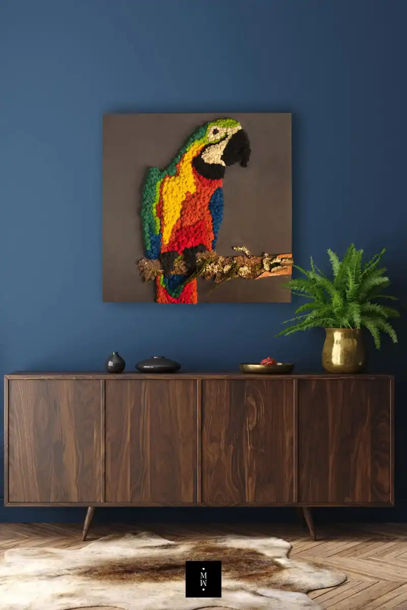 a painting of a parrot on a blue wall