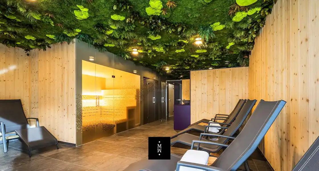 a room with chairs and plants on the ceiling