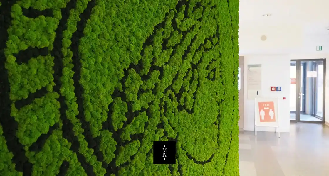 a wall of plants with a picture of a hand