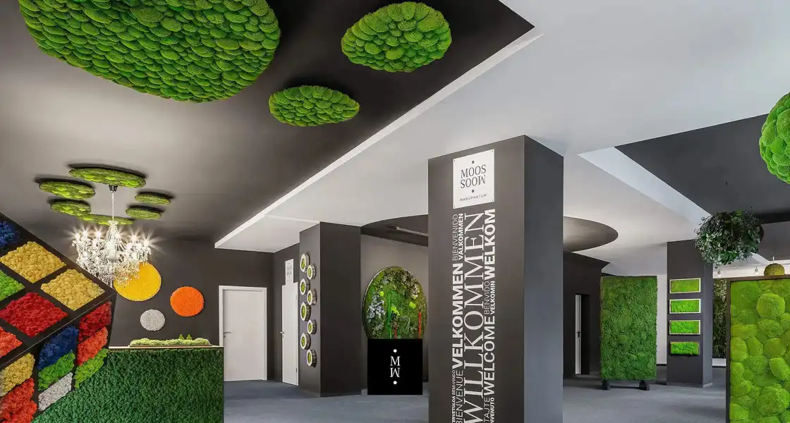 a room with green plants on the ceiling