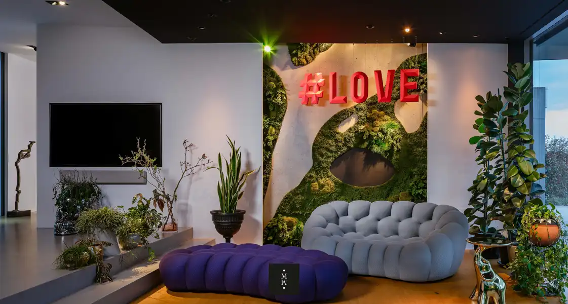 a room with a wall and plants