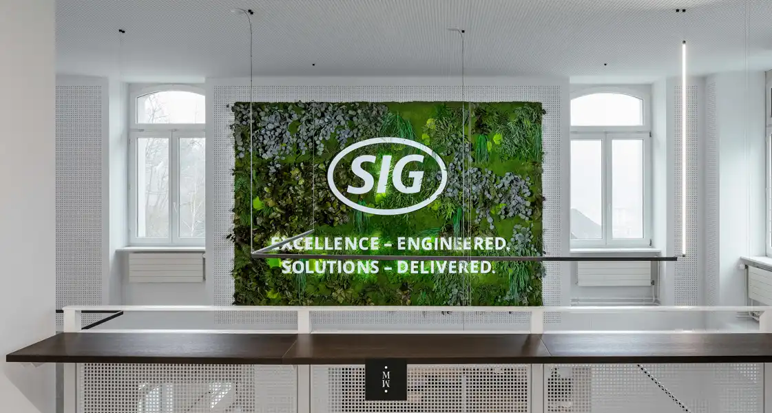 a green wall with white text and plants on it