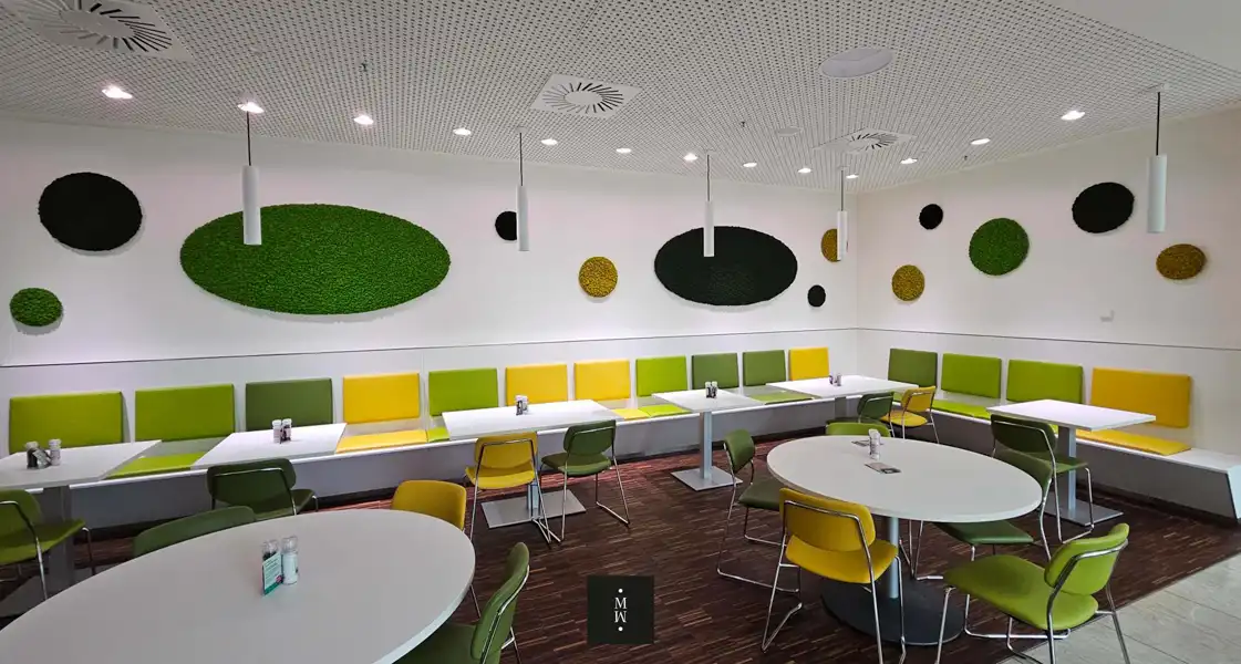 a room with tables and chairs