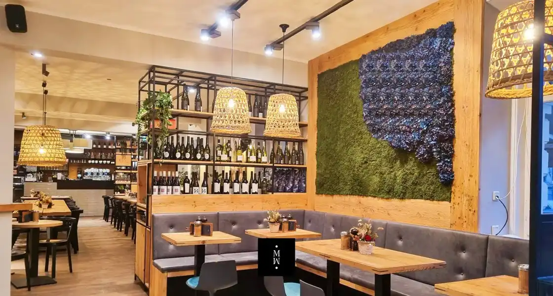 a restaurant with a wall of wine bottles