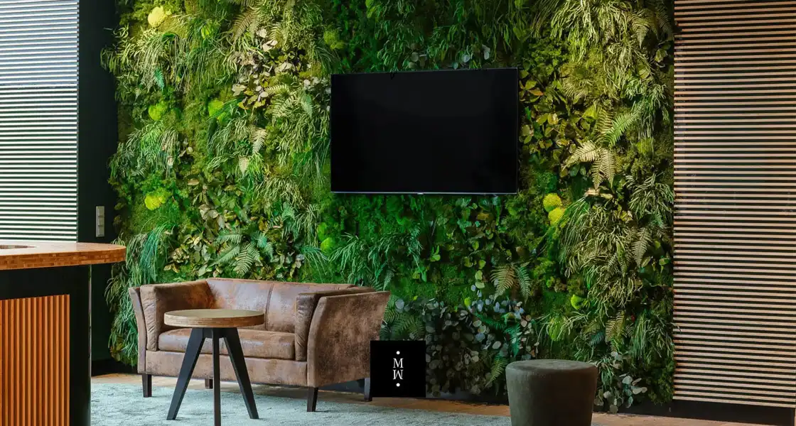 a tv on a wall with plants