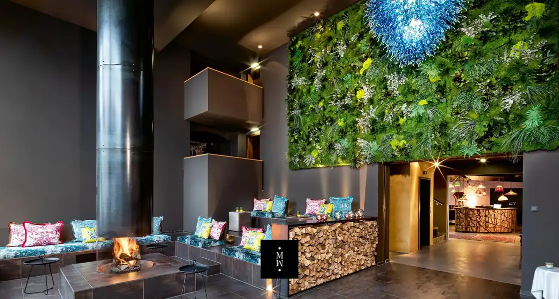 a room with a wall and plants