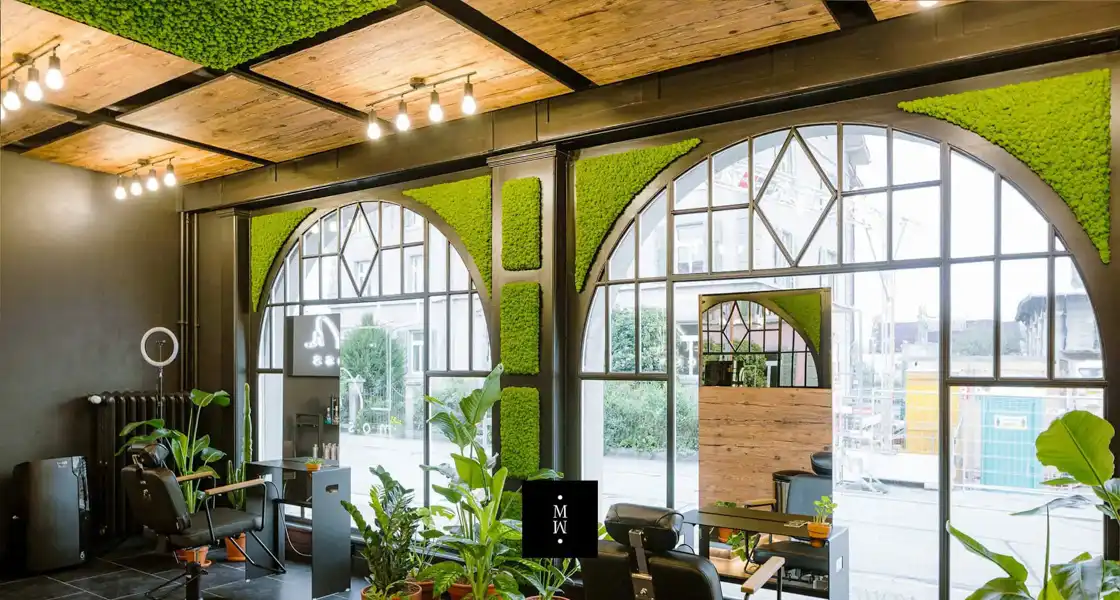 a room with plants and windows