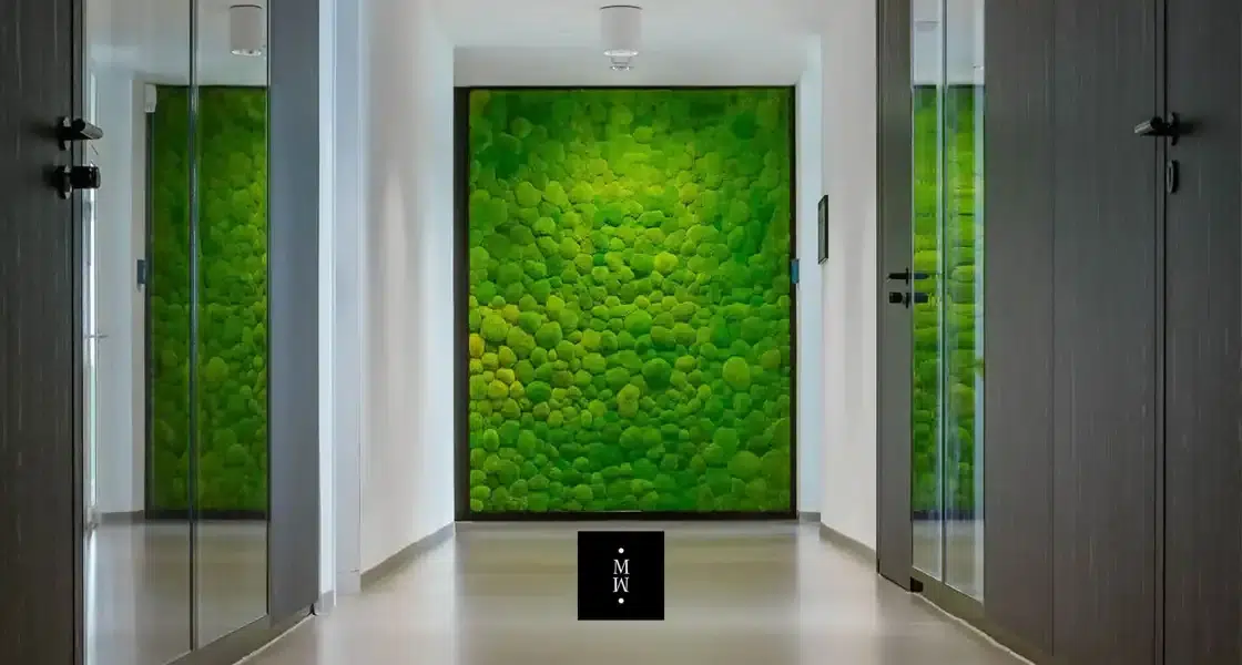 a hallway with a green wall