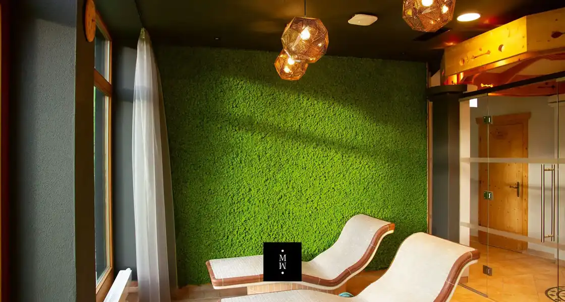 a green wall with chairs and a sign