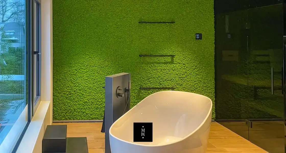 a bathtub in a green room