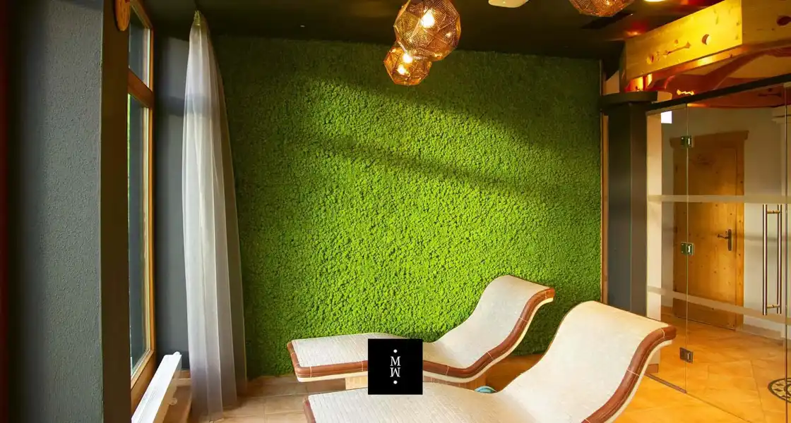 a room with chairs and a green wall