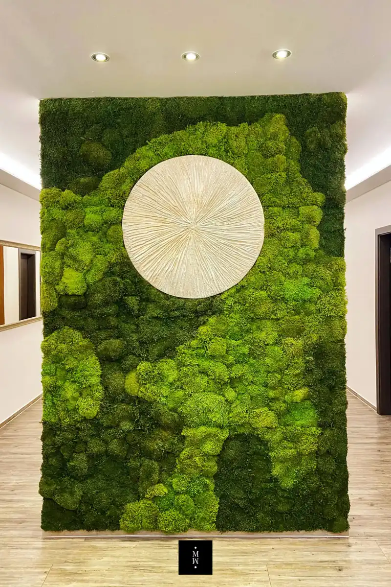 a green wall with a white circle and a white circle on it
