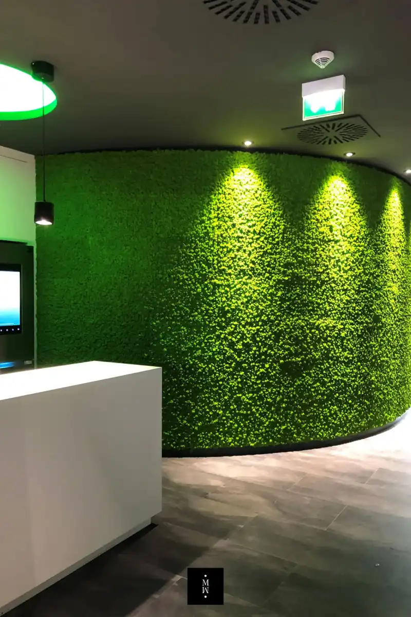 a green wall with a white counter and green sign