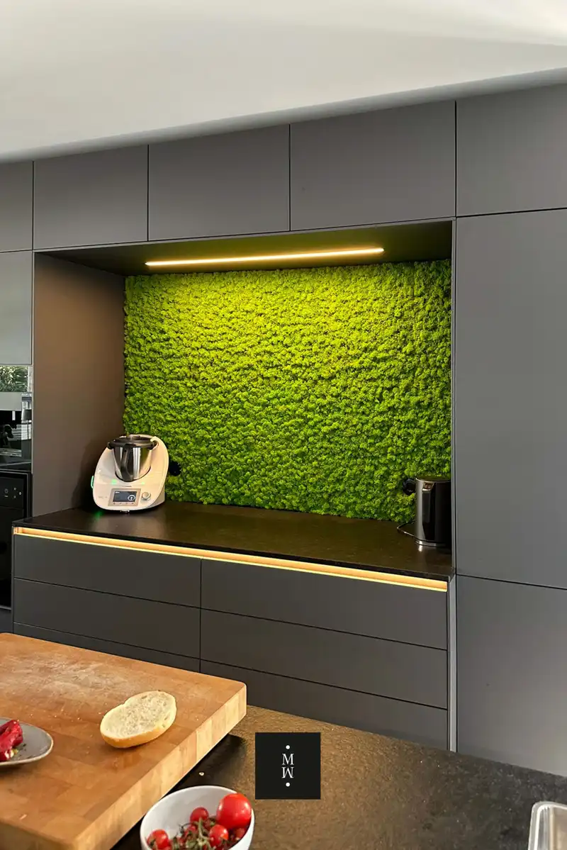 a green wall behind a counter