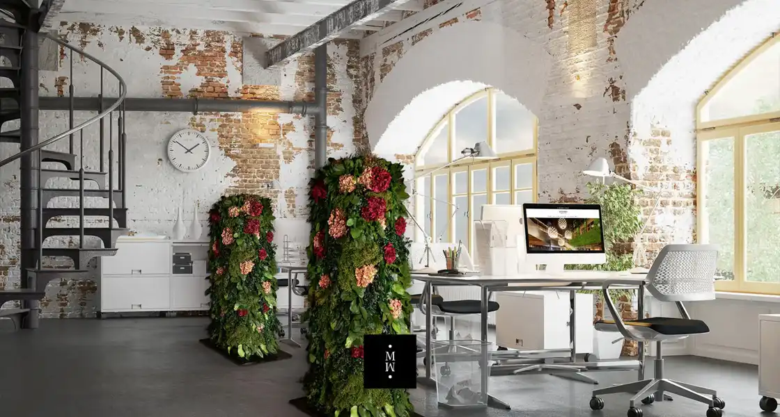 a room with plants and a computer