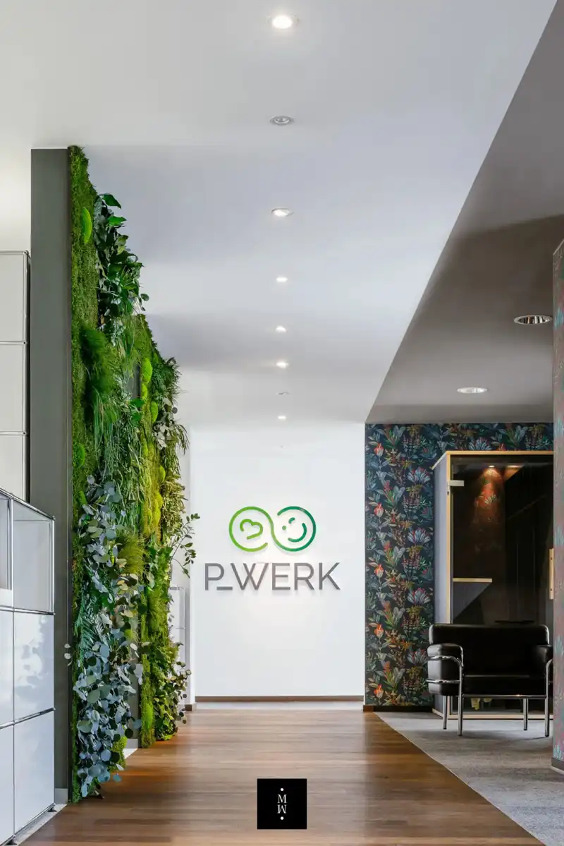 a green wall with plants on the wall