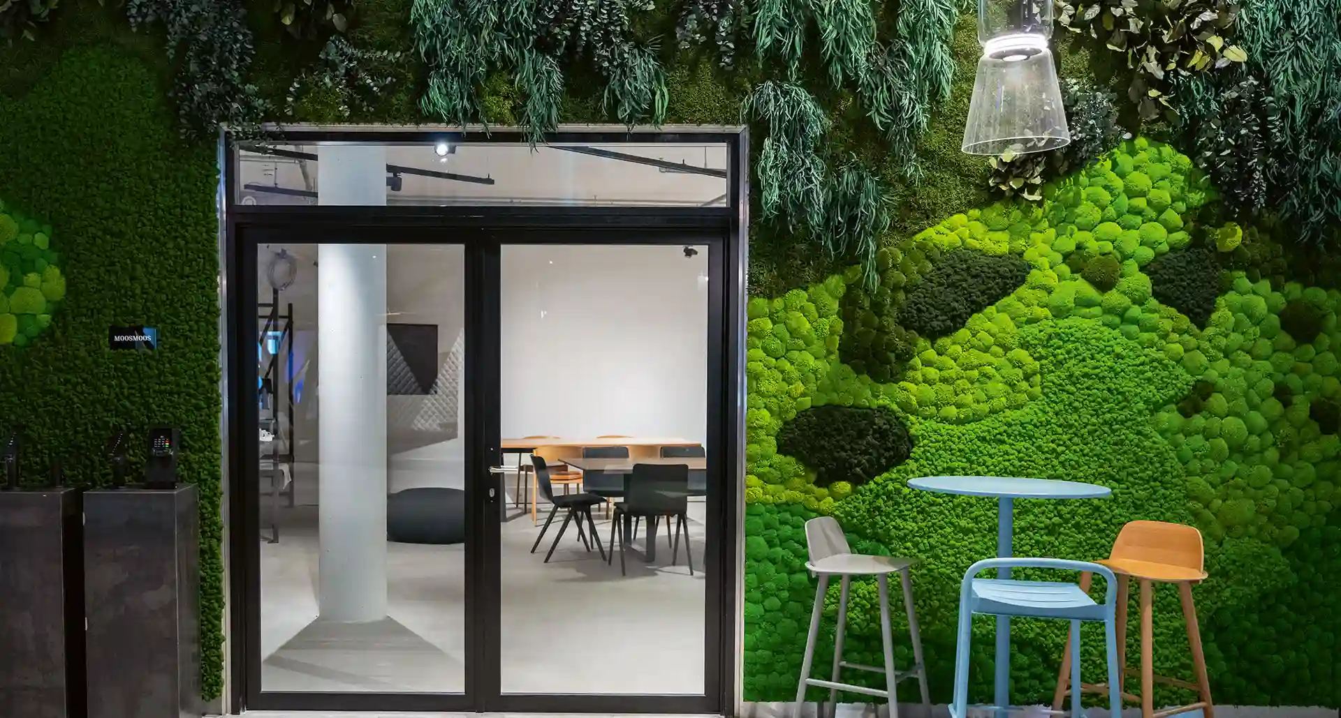 Eingangsbereich eines modernen Büros mit einer großflächigen Mooswand und hängenden Pflanzen, kombiniert mit Glasfront und Sitzmöglichkeiten für eine natürliche Atmosphäre.