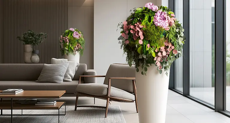 Große Vase mit Moos Ball aus Pflanzen und Blüten von MoosMoos – natürliche Moos-Deko für Wohnzimmer und Lounges.