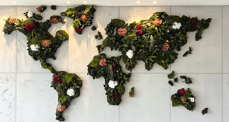 Kreatives Bild aus Moos mit Pflanzen und Blumen in Form einer Weltkarte, dekorativ an der Wand befestigt und beleuchtet, einzigartiges Naturdesign von MoosMoos