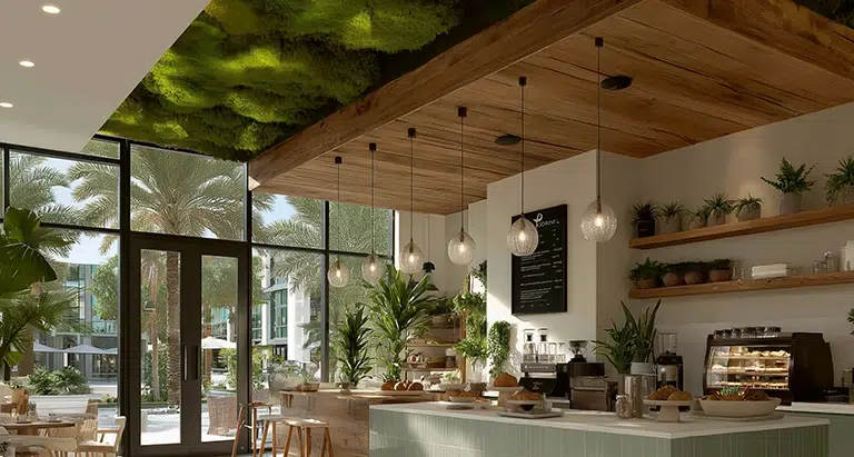 Modernes Café mit großen Glasfronten, Holzdetails und einer kreativen Decke aus Moos von MoosMoos für nachhaltige Raumgestaltung