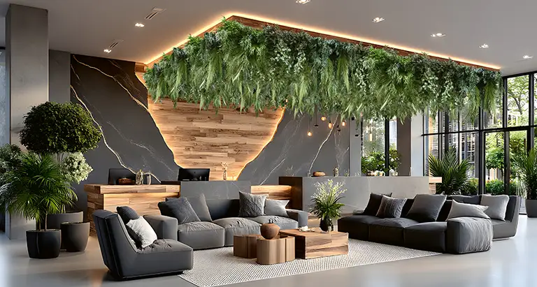 Hotellobby mit grauen Sofas, Holz- und Steinwand sowie einer eleganten Decke aus Moos von MoosMoos für exklusives Raumdesign