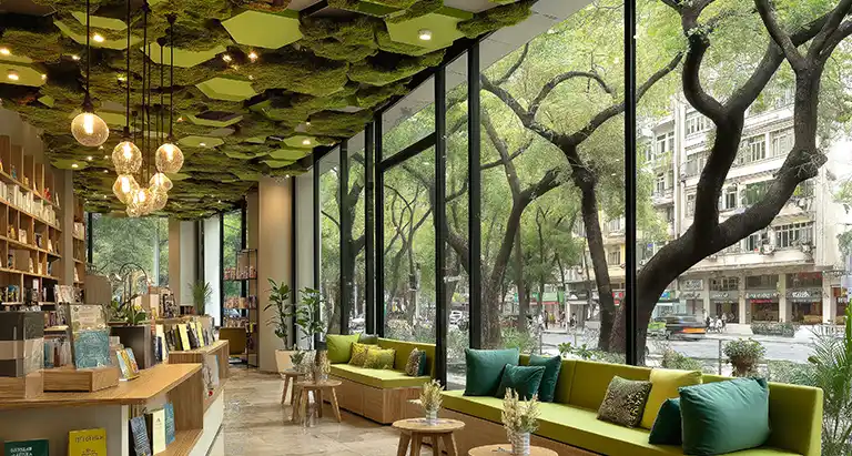 Gemütliche Lounge mit großen Fenstern, Sitzbänken und einer innovativen Decke aus Moos in sechseckigen Mustern von MoosMoos